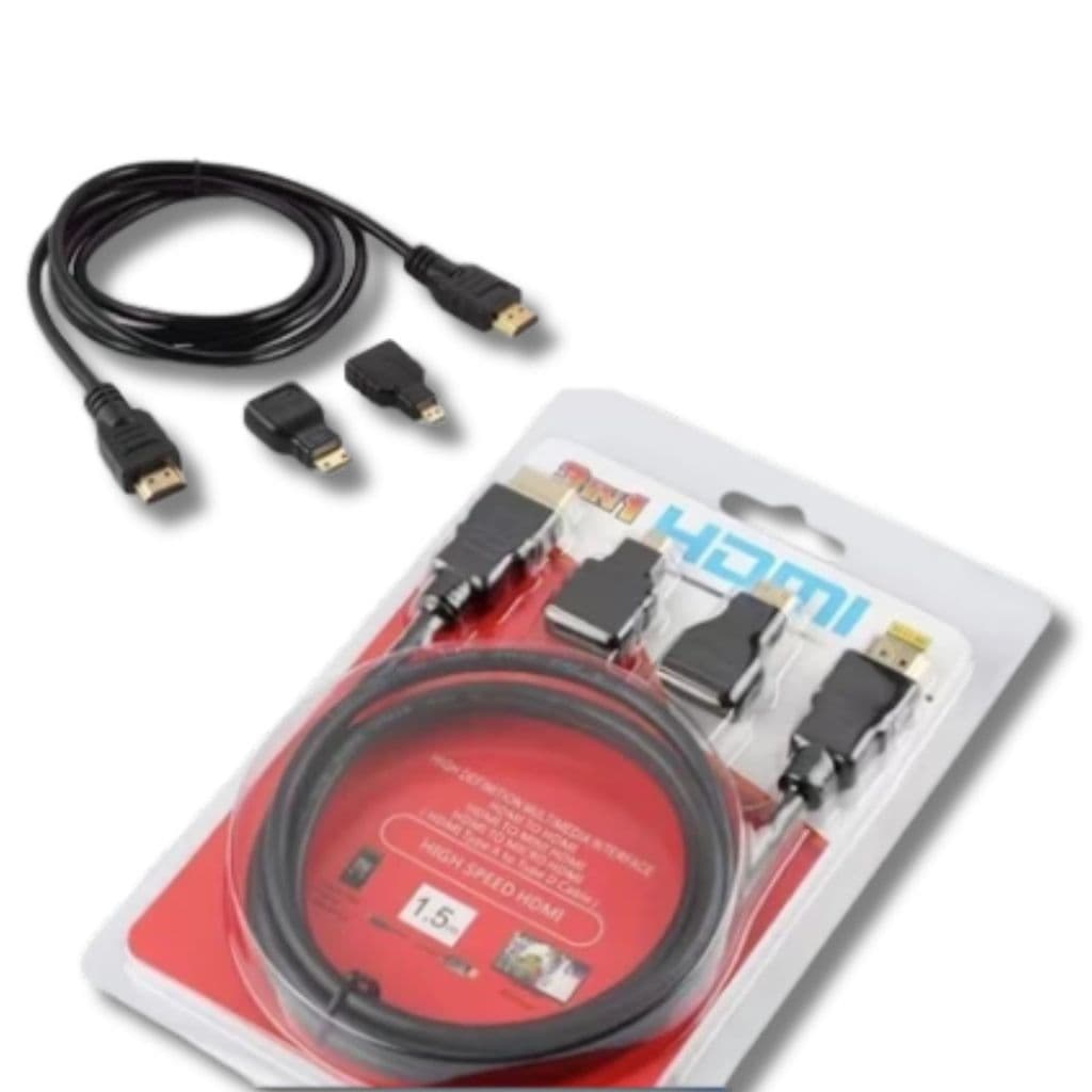 Cabo HDMI 1.5 Metros 3 em 1 Com Plug Adaptador Mini Micro HDMI Full HD Cabo Reforçado