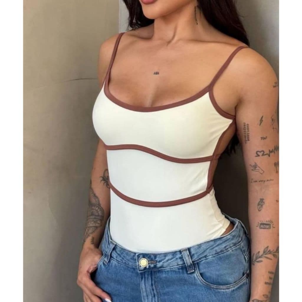 Body Feminino Alcinha Bicolor com Viés Costas Nuas Justo Moda Verão Tendecia Confortável Casual