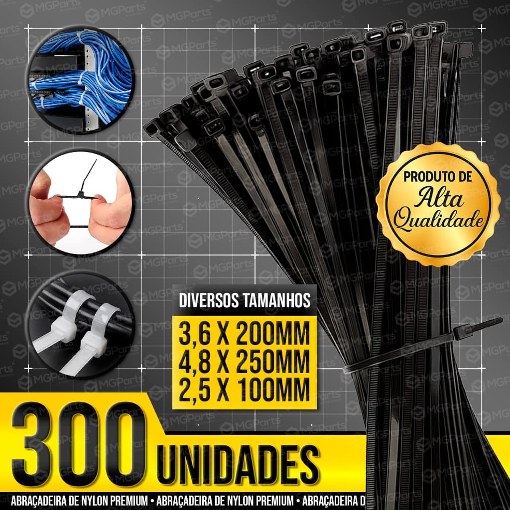 Kit 300 Abraçadeira Enforca Gato de Nylon Resistentes Cintas Plásticas Braçadeira 10cm / 20cm / 25cm