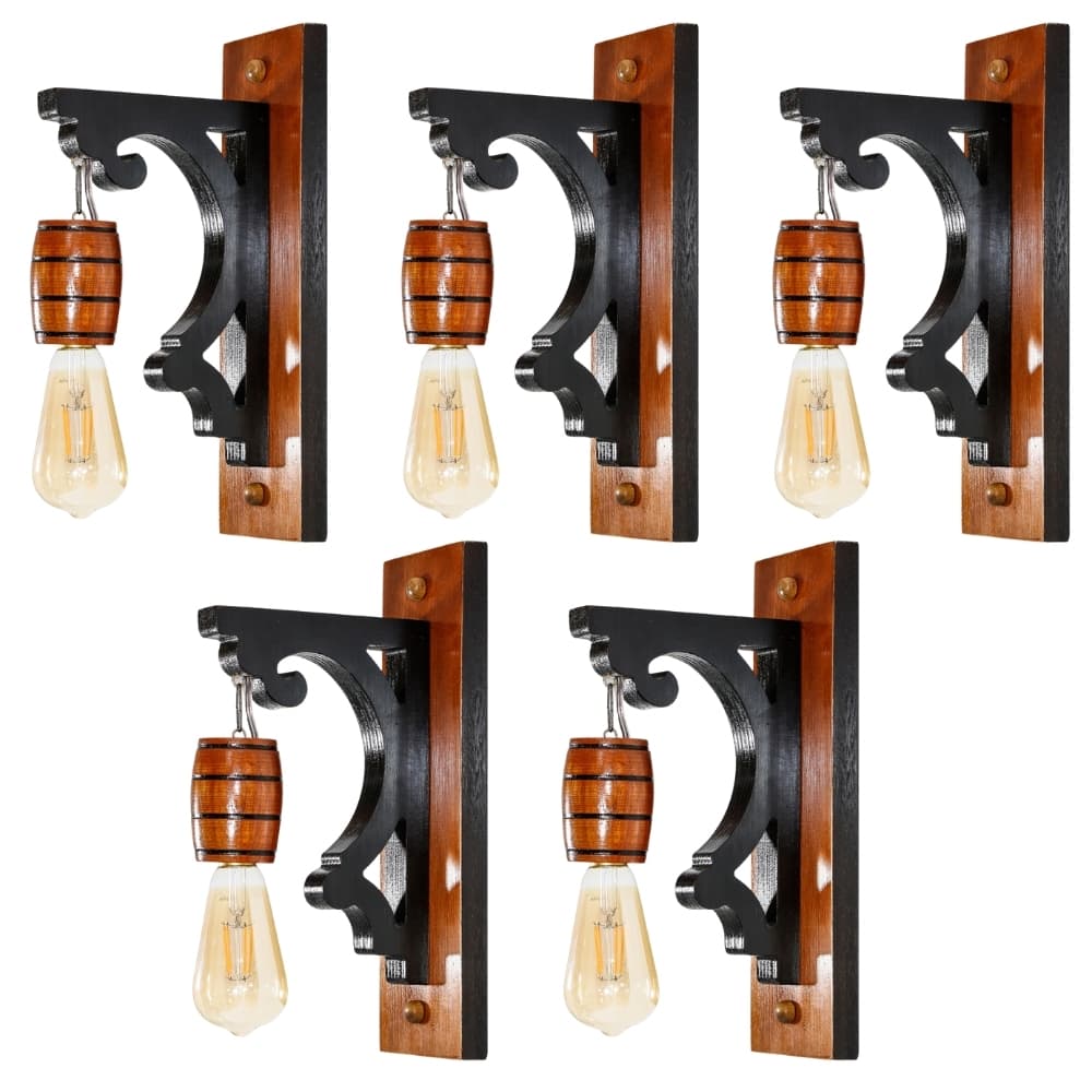 Kit 5 Luminária de Parede Arandela Retrô Vintage Colonial Rústica de Madeira Maciça - Mogno