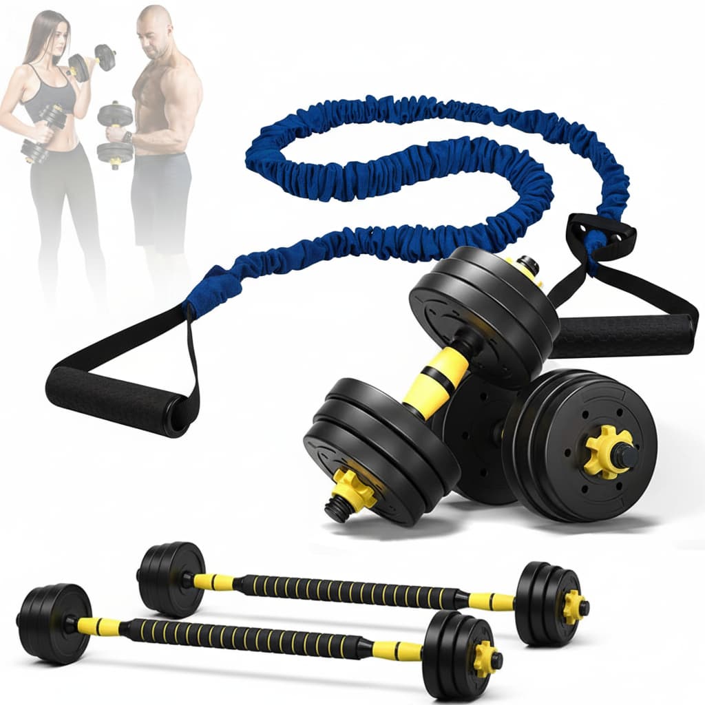 Kit Halteres Anilha Barra 3 em 1 Musculacao Peso Academia Ajustavel 40kg com Elastico Extensor