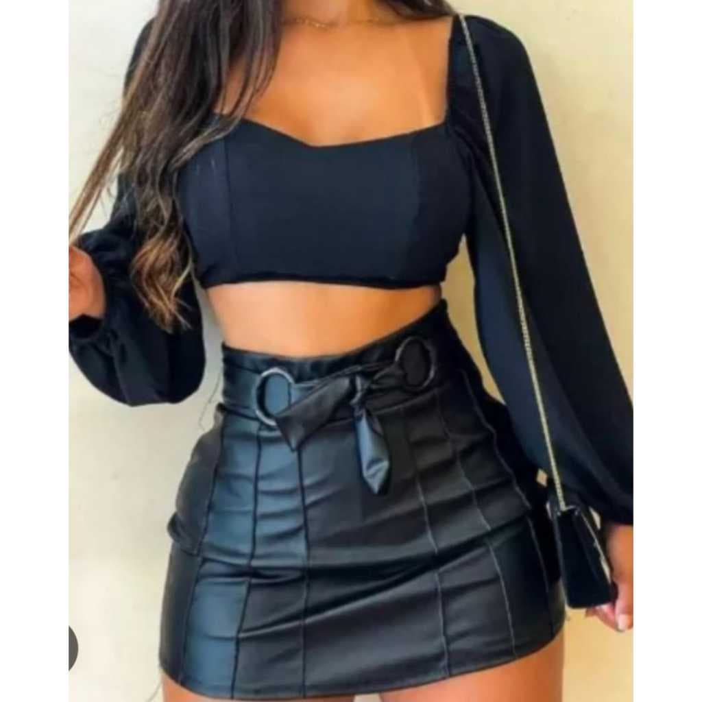 Short Saia de Courinho Couro Fake com Cinto Argola Feminino - Elegante, Estilo Casual, Moda Festa e Balada