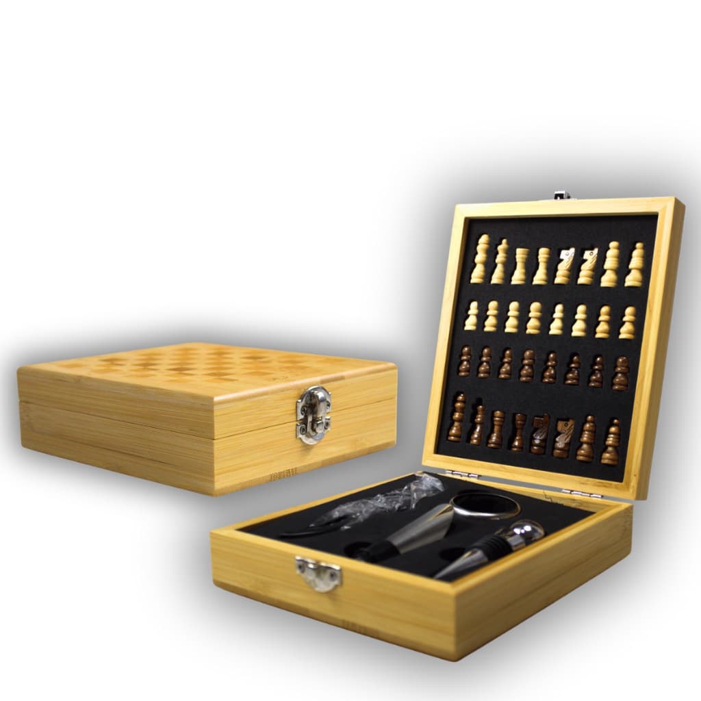 Kit Presente Xadrez Mini Tabuleiro e Vinho 2 em 1 Acessórios Inox Madeira IT-BLUE
