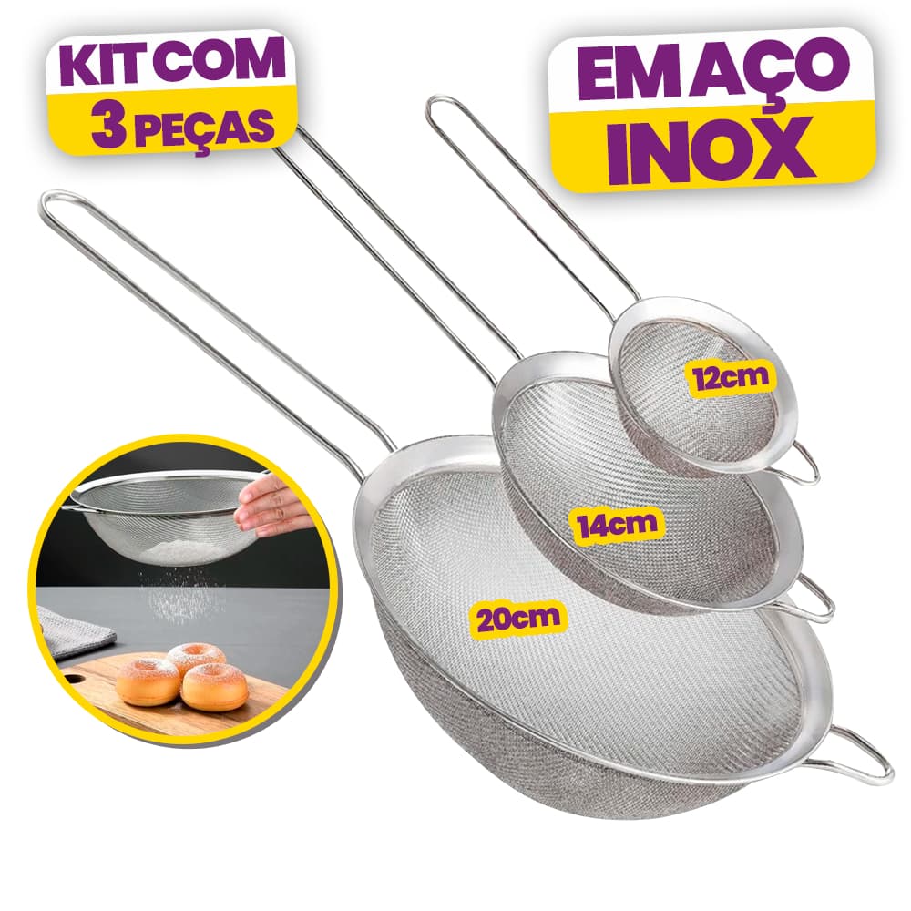 Kit 3 Peneira Coador Em Aço Inox Cozinha 12 14 20cm Confeitaria Cozinha Suco Receitas Bolos Pães