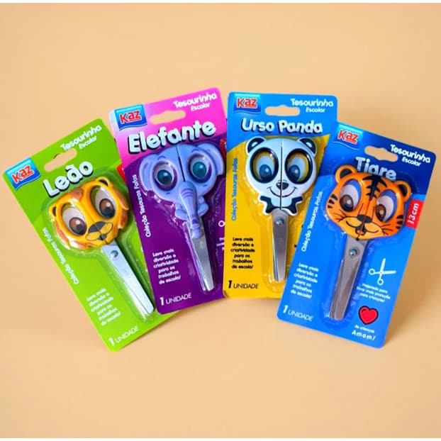 Tesoura Escolar de Animais Kaz Panda Leão Tigre Coala Elefante Papelaria Fofa Kawaii
