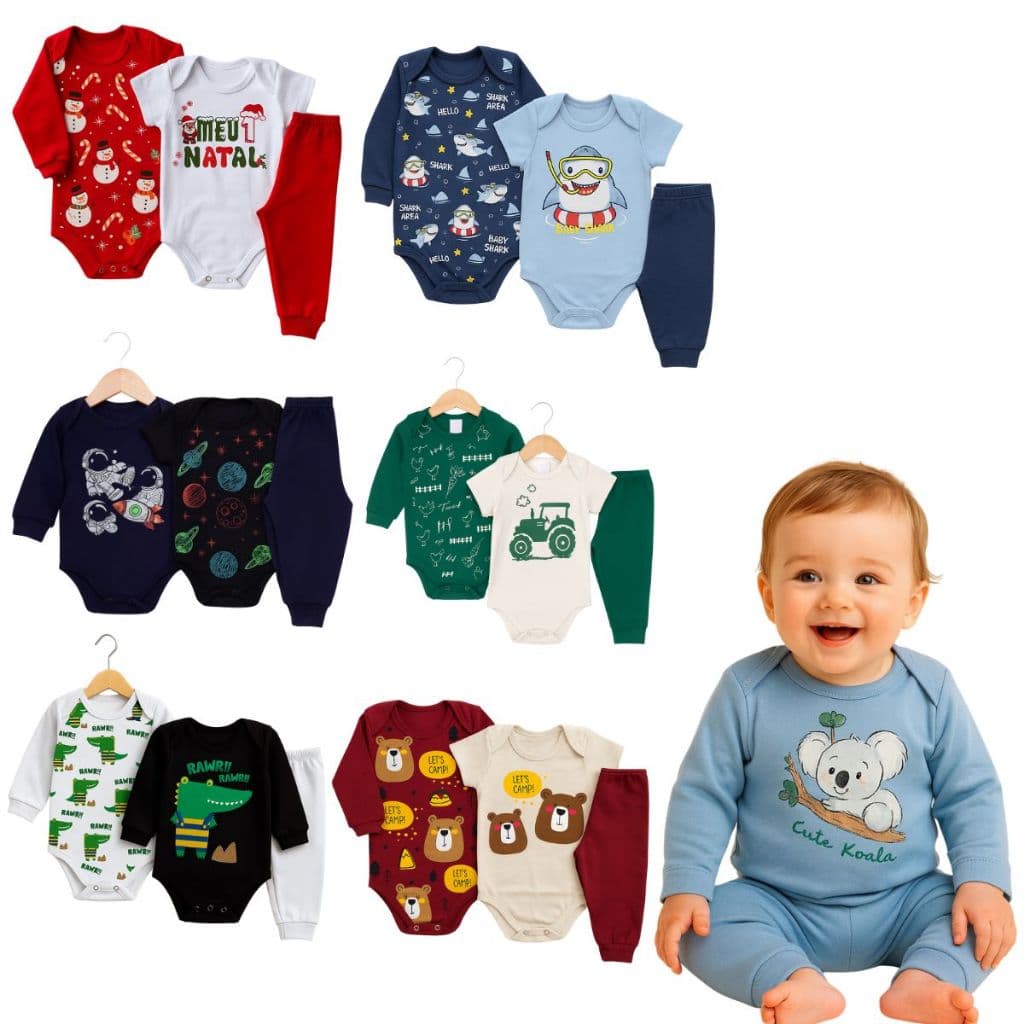 Kit 9 ou 6 Peças Body Bebê Menino manga curta e manga longa e Calça Mijão Tamanho P ao GG