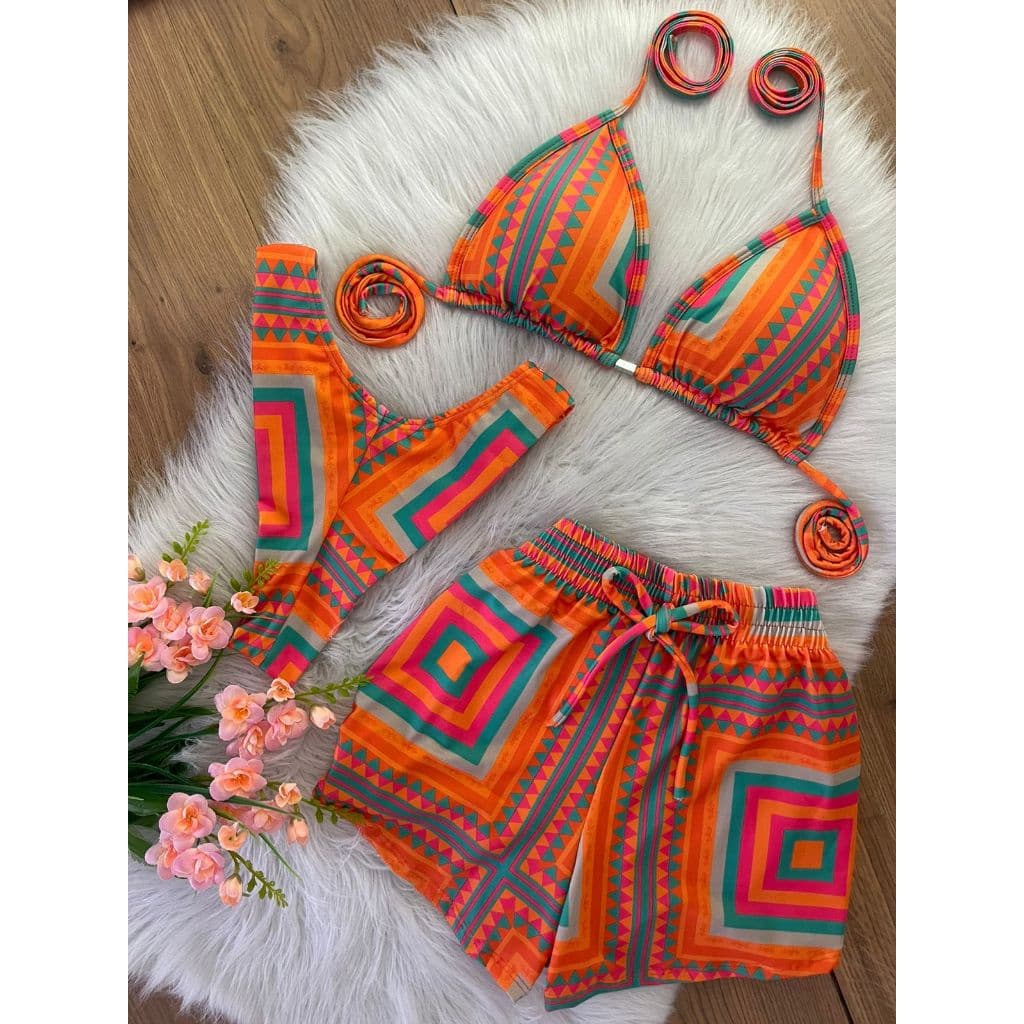 Conjunto Biquíni Cortininha + Shortinho | Look Feminino Praia Verão Colorido Indiano Laranja