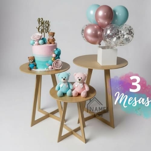 3 Mesa De Festa Decoração Apoio Lateral De Canto Mdf Redondo Chá Revelação Festa Infantil