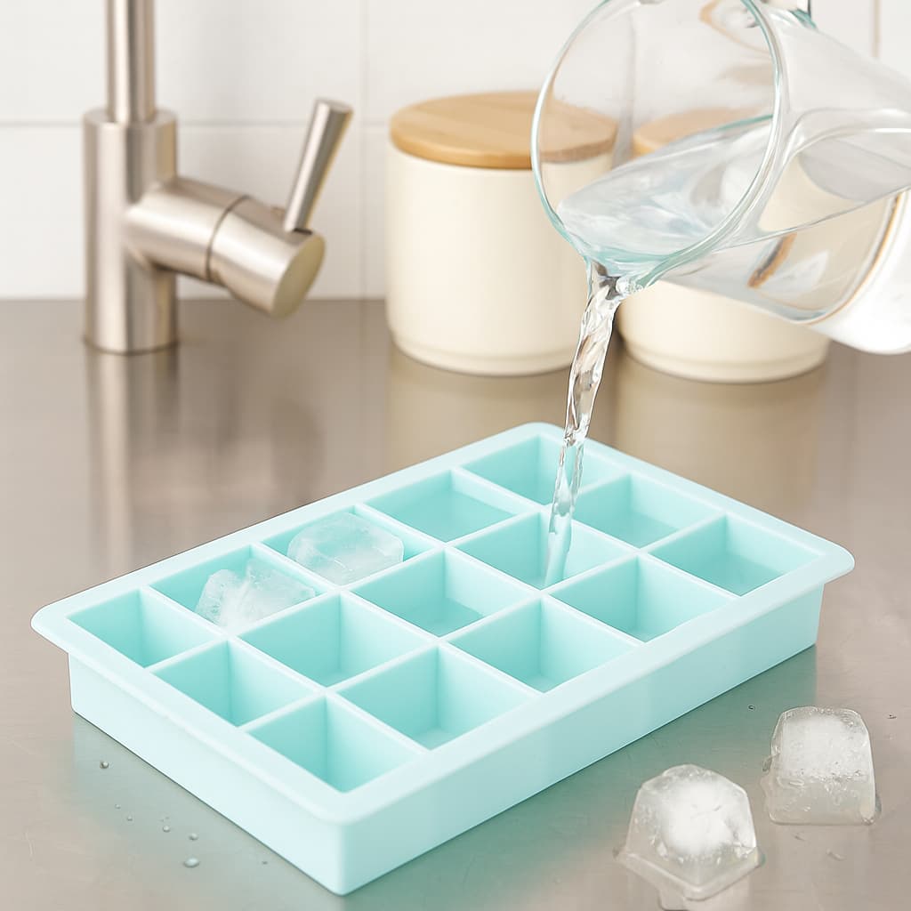 Forma de Gelo em Silicone com Tampa – 15 Cubos Cada – Cor Azul, Flexível e Fácil de Desenformar