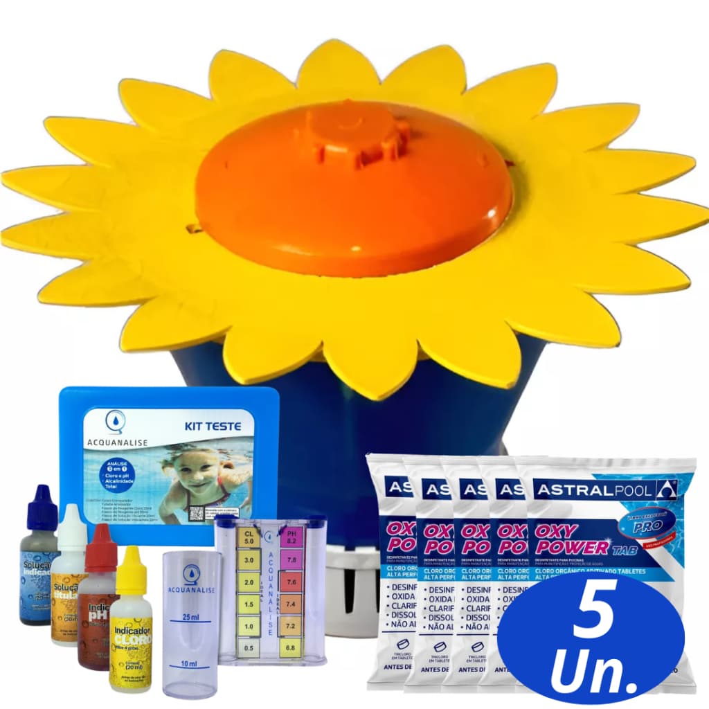 Kit 05 Pastilha +  Dosador Clorador Flutuante Piscina Girassol Até 600g e Kit Teste 3 Em 1 Ph, Cloro e Alcalinidade