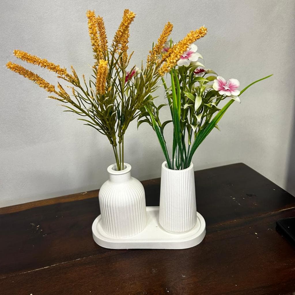 Trio Decorativo Minimalista em Gesso - Conjunto 2 Vasos + Bandeja para Mesa, Estante e Rack