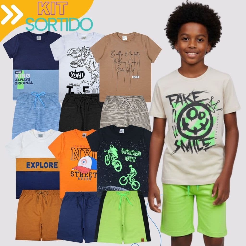 Kit Sortido de Roupa Infantil Juvenil Menino Verão - 1 ou 3  Conjuntos Menino Infantil Estampas Sortidas Masculino