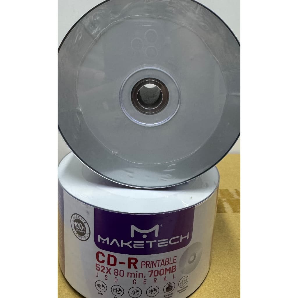 CD-R PRINTABLE MAKETECH 52X, 80 MIN , 700 MB, IMPRIMIVEL. 100 MIDIAS.