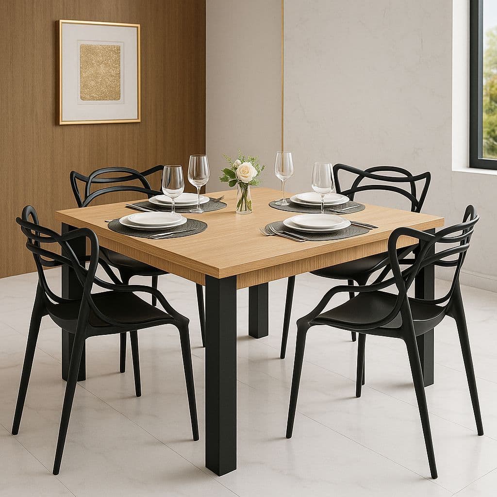 Mesa MDP 90x90 Moderna Mel/Preta com Kit 2 ou 4 Cadeiras Estilo Eames