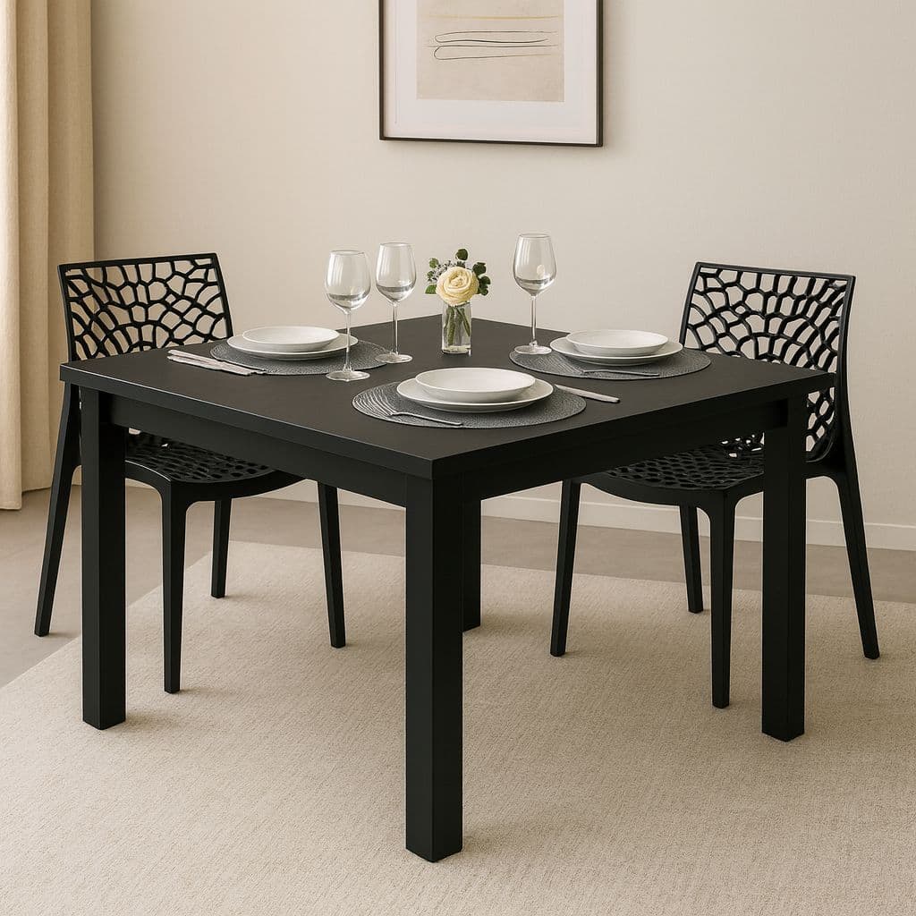 Mesa Quadrada 90x90 MDP Jantar Preta/Mel com Kits de Cadeiras Modernas