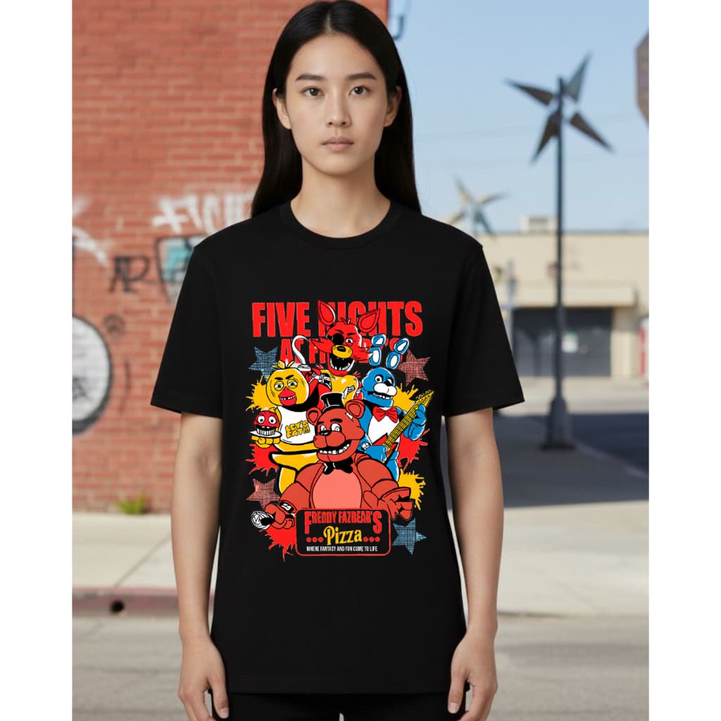 Camiseta preta Basica Algodao Five Nights At Freddy Fazbears Pizza Fantasy Cartoon Unissex infantil plus size