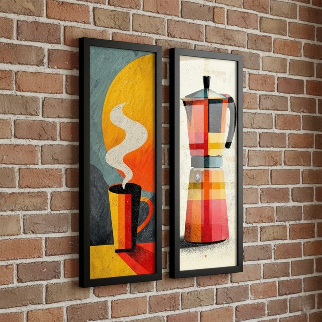 Kit 2 Quadros 18x45 Cm Cozinha Moderna Café Cafeteira