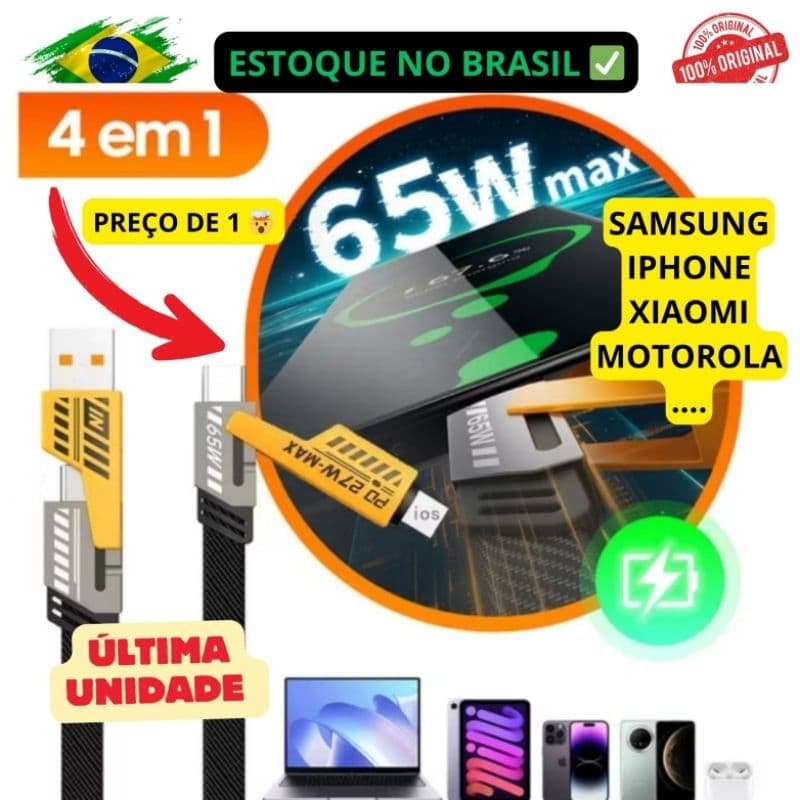 Cabo de Carregamento Rápido 4 em 1 Turbo 1,5 Metro 65W/PD 27W USB Tipo C Lightning Cabeça de Metal