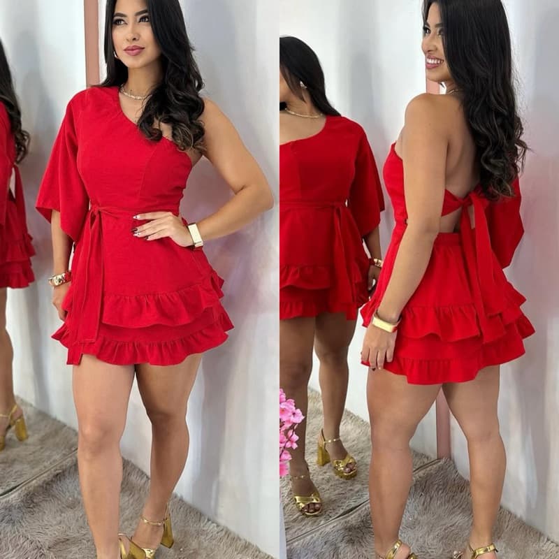 Vestido macaquinho curto babado rodado nula manga acinturado festas