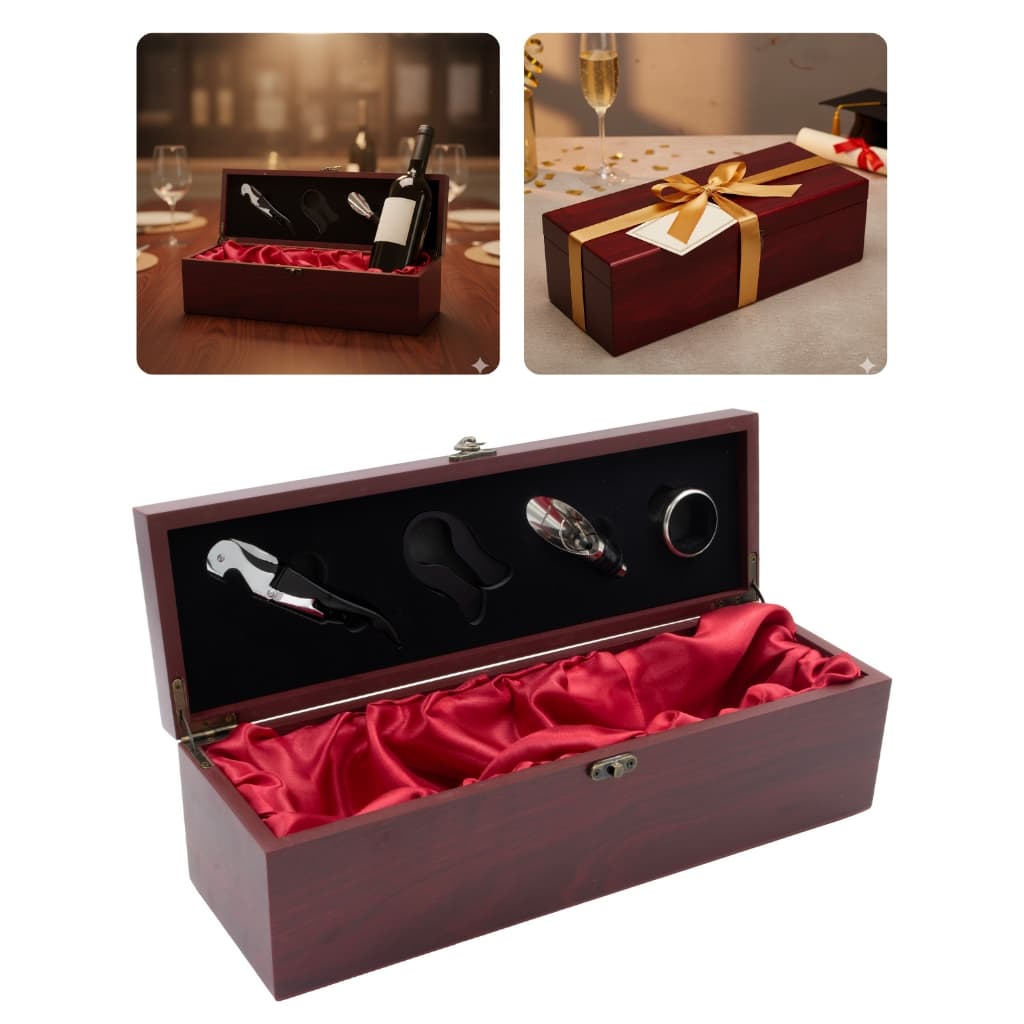 Kit Maleta Madeira de Garrafa de Vinho Luxo 4 Acessórios Premium Presente Gourmet Estojo Sommelier Abridor Dosador