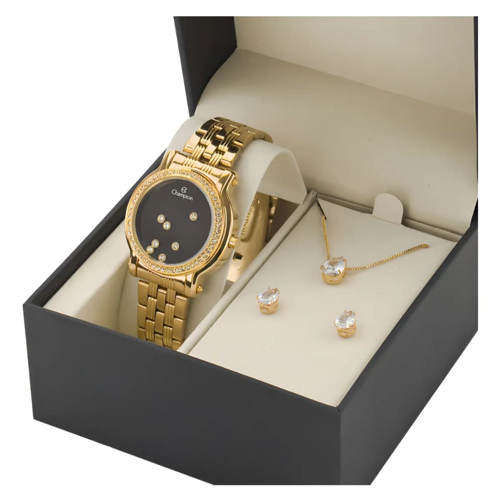 Relógio Feminino Champion Dourado Com Strass Digital Kit Colar e Brincos CH48055H