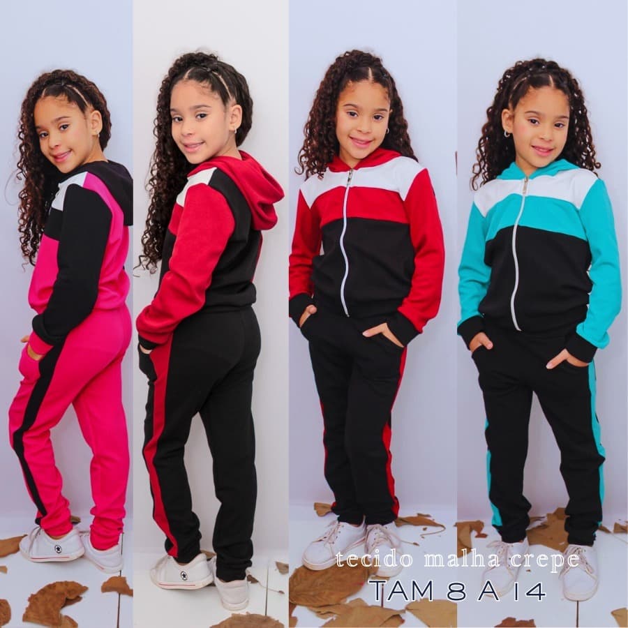Conjunto Infantil Juvenil NOVO Feminino de Frio em Malha Crepe – Blusa com Zíper e Calça Estilo Esportivo