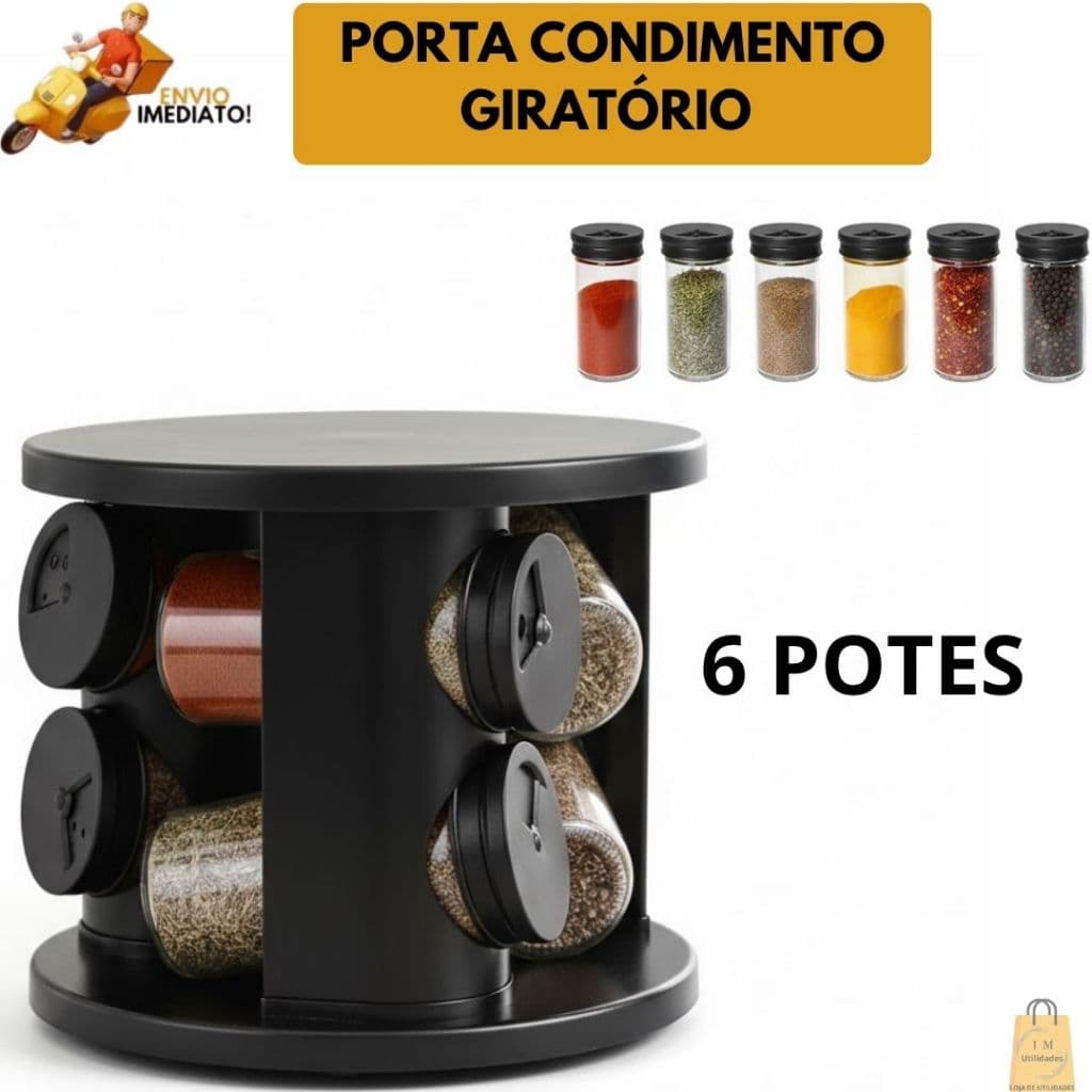 Porta Condimentos Giratório Com 6 Potes De Vidro Preto