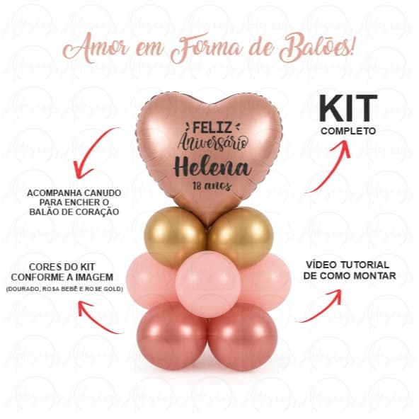 Buquê Balão Metalizado Personalizado Coração 18” + Bexigas 5” Aniversários, Feliz Aniversário Happy Birthday