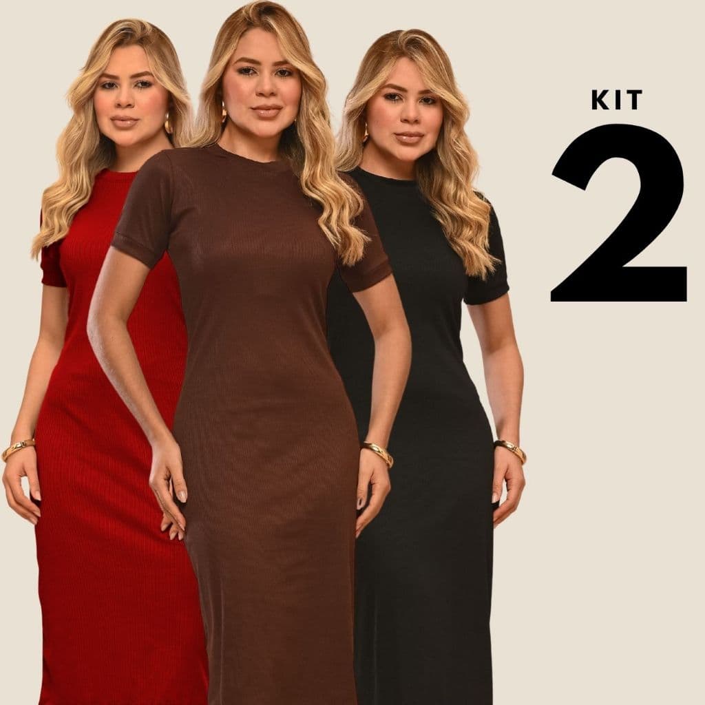 Kit 2 Vestido Midi Canelado Feminino Básico Moda Evangélica Casual Preto Tubinho Longo
