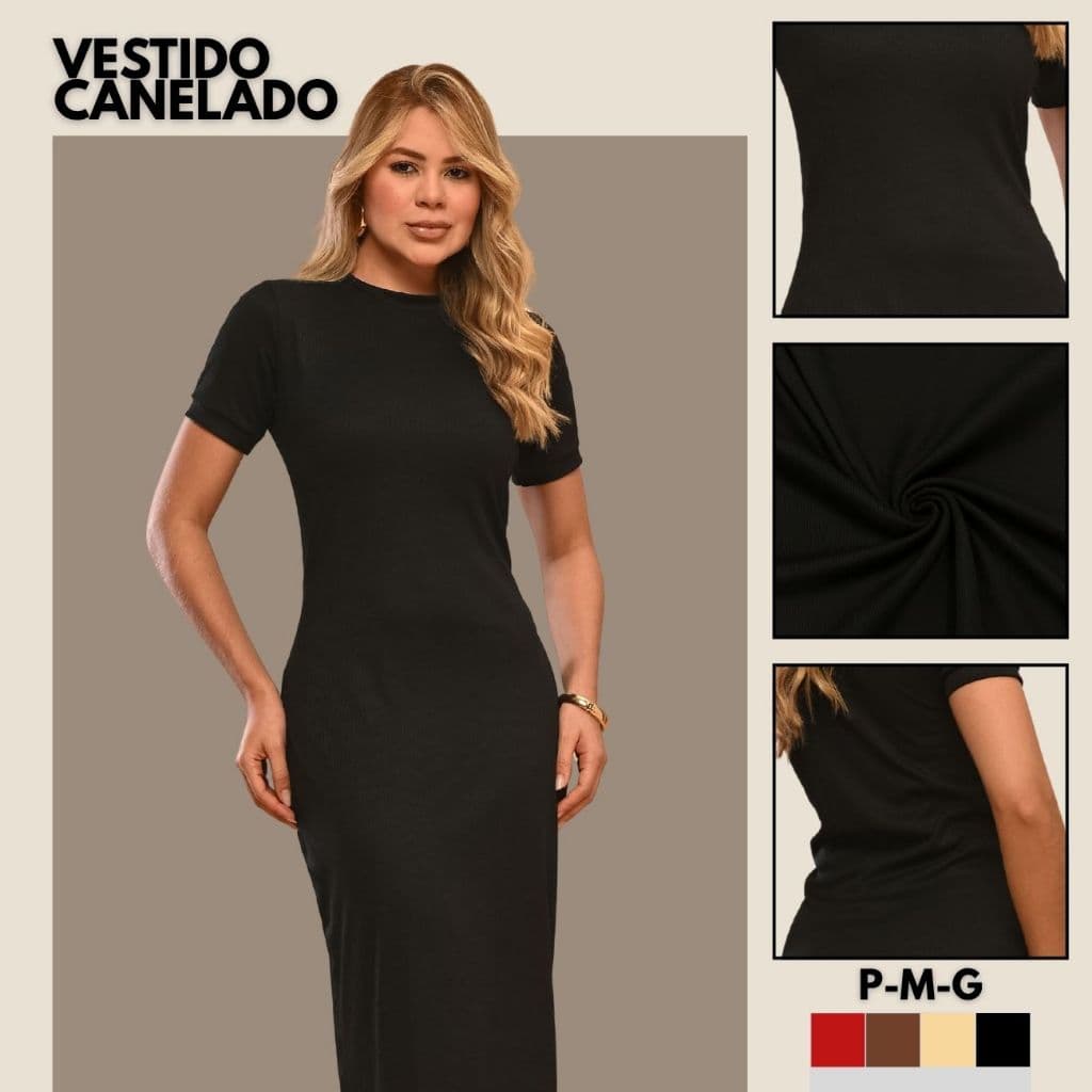 Vestido Midi Canelado Feminino Moda Evangélica Básico Gola Redonda Manga Curta Casual Slim