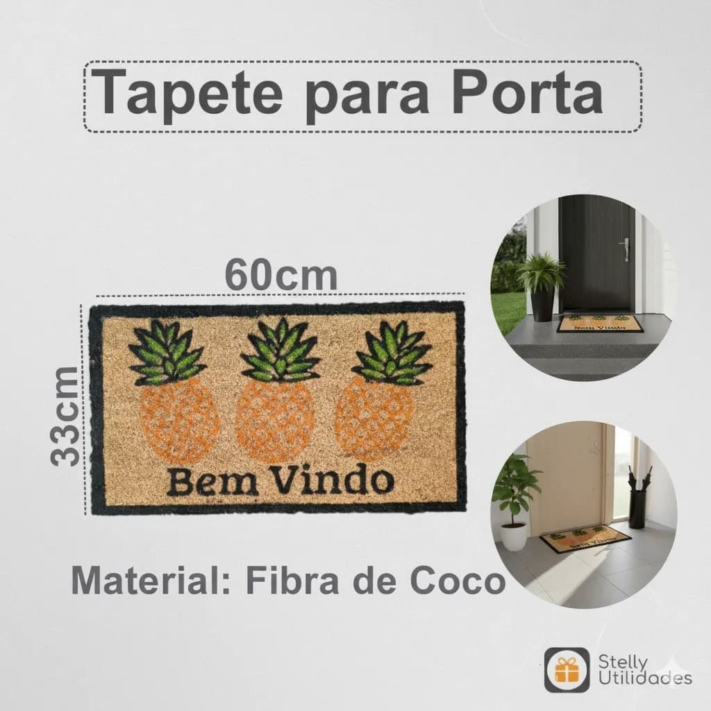 Tapete Porta Decorado Capacho Entrada Abacaxi De Fibra De Coco Antiderrapante 60cm/33cm Bege