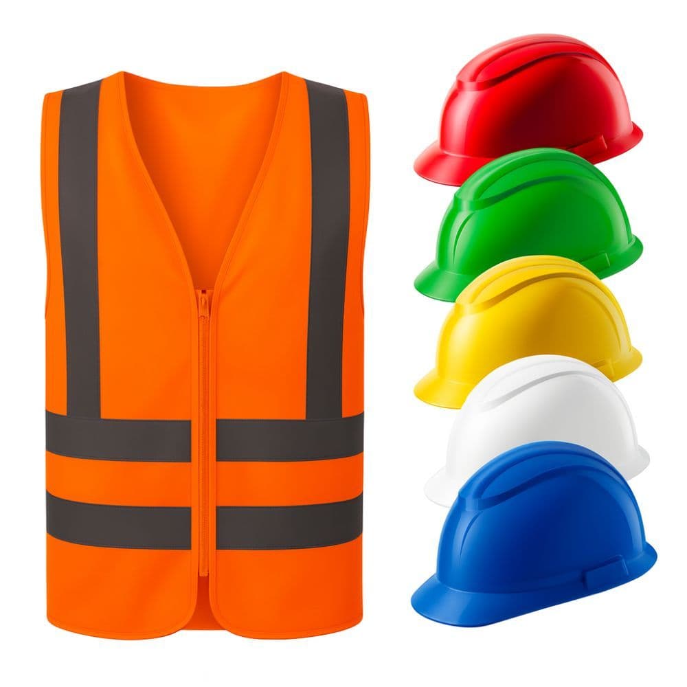 Kit EPI Colete Refletivo com Faixa Sinalizadora + Capacete de Segurança para Obra e Construção