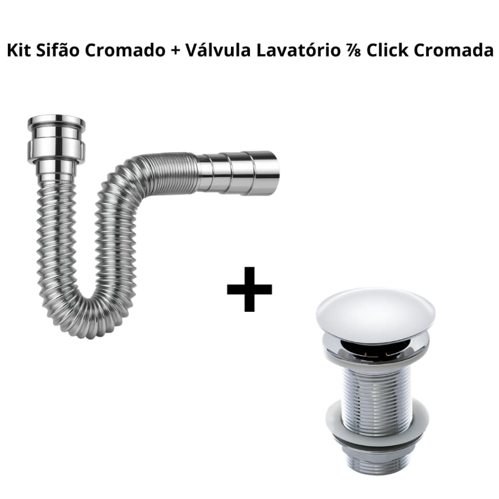 Kit Sifão Flexivel + Valvula Lavatorio '7/8 CLICK - Sanfonado Ajustavel Para Pia Cozinha Banheiro Cuba - Cromado