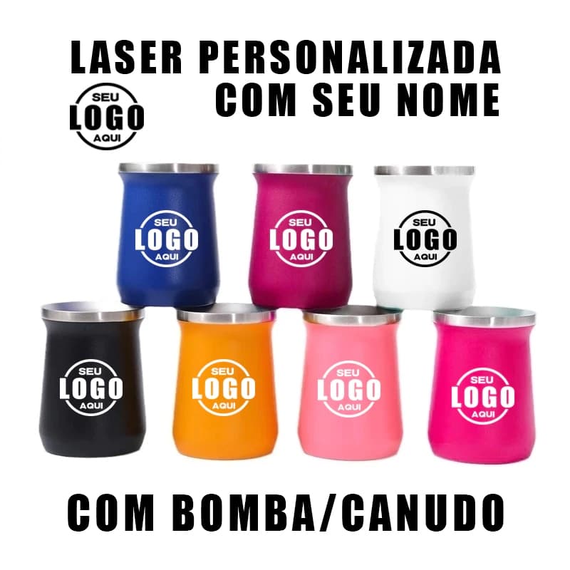 KIT 35 Copo Cuia Térmico 240ml Aço Inox Parede Dupla Personalizado   (COM BOMBA/CANUDO)