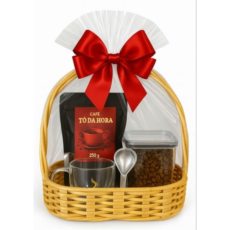 Kit Especial Café Tô da Hora • 250g em grãos + Pote Hermético + Caneca de Vidro + Colher Inox • Opção com Cesta Presente