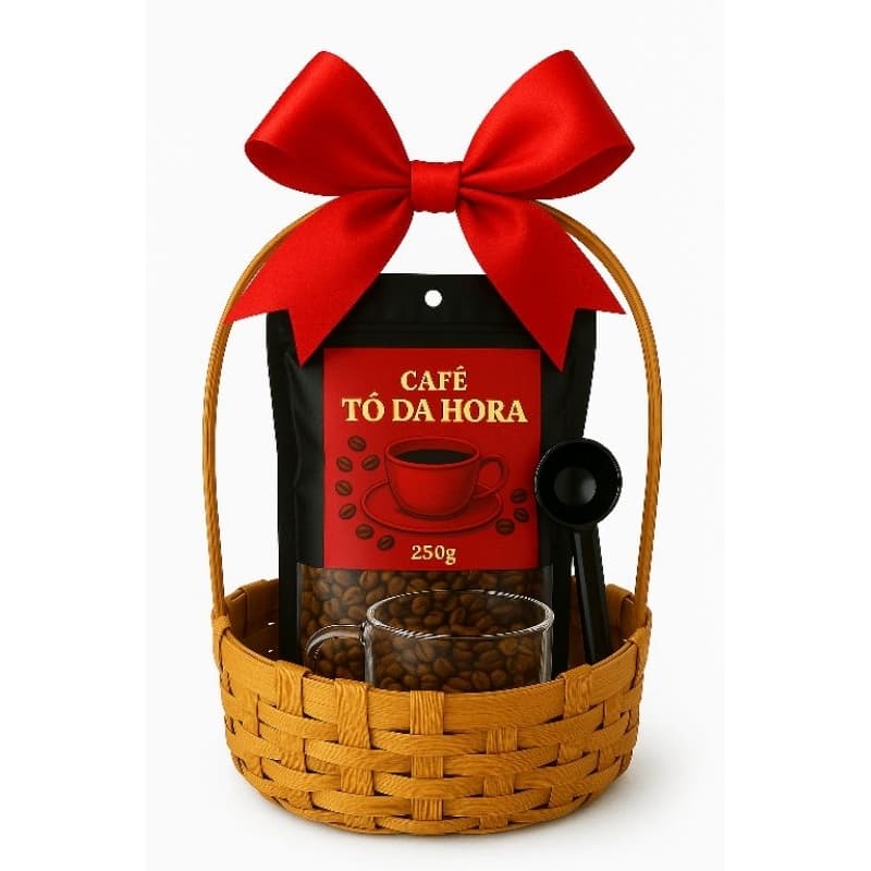 Kit Essencial Café Tô da Hora • 250g em Grãos • Caneca Vidro + Colher Medidora Multifuncional • Opção Com Cesta Presente