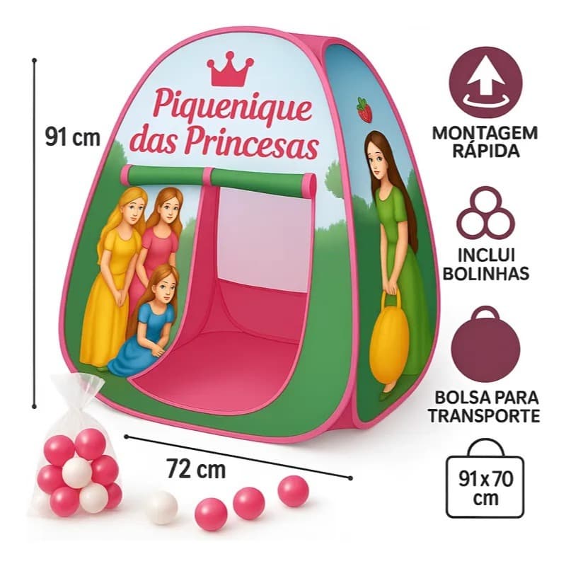 BARRACA DAS PRINCESAS COM 100 UNIDADES DE BOLINHAS - CABANA - CASINHA - PRINCESA