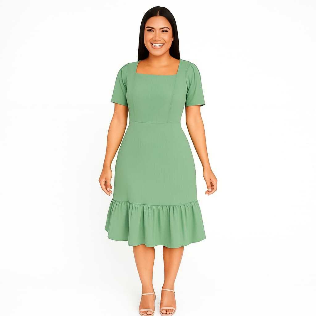 Vestido Midi Feminino Viscolinho com Forro, Manga Curta, Moda Casual Evangélica