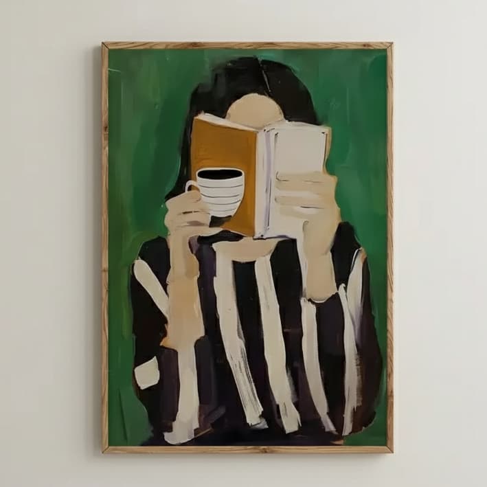 Quadro decorativo leitura e café ilustração moderna (1 peça)
