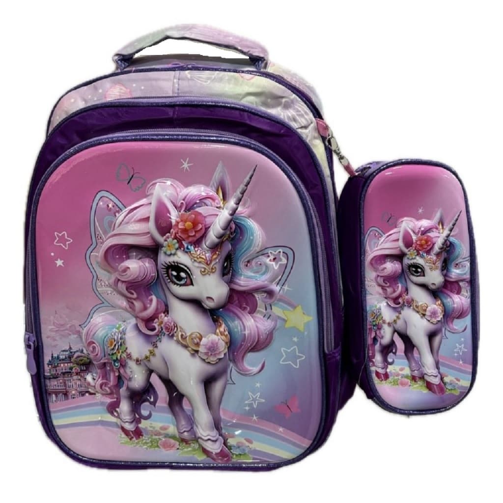 Mochila Infantil Juvenil Escolar Unicórnio Relevo 3d e Estojo