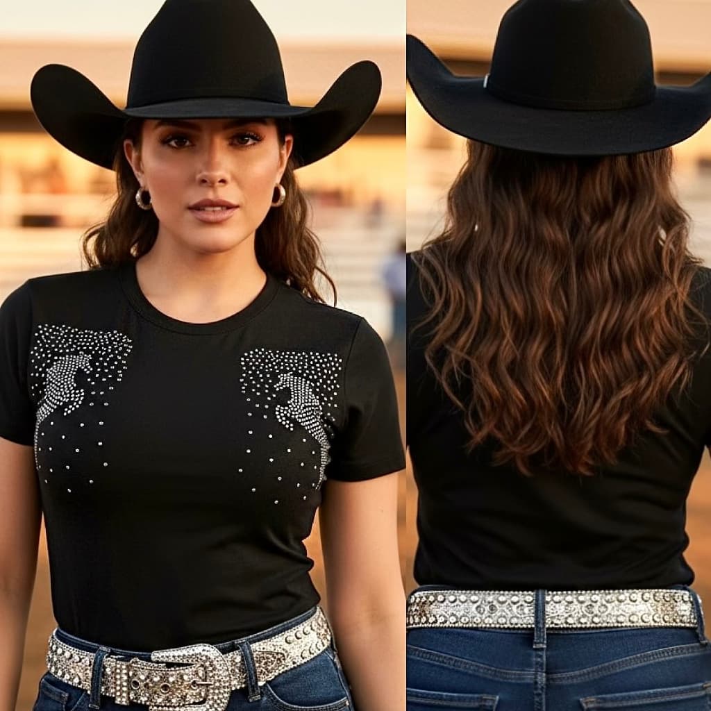 Camiseta Blusa Country Feminina Cowgirl Cavalos Camisa Baby Look Rodeio Festa Do Peão Texas West