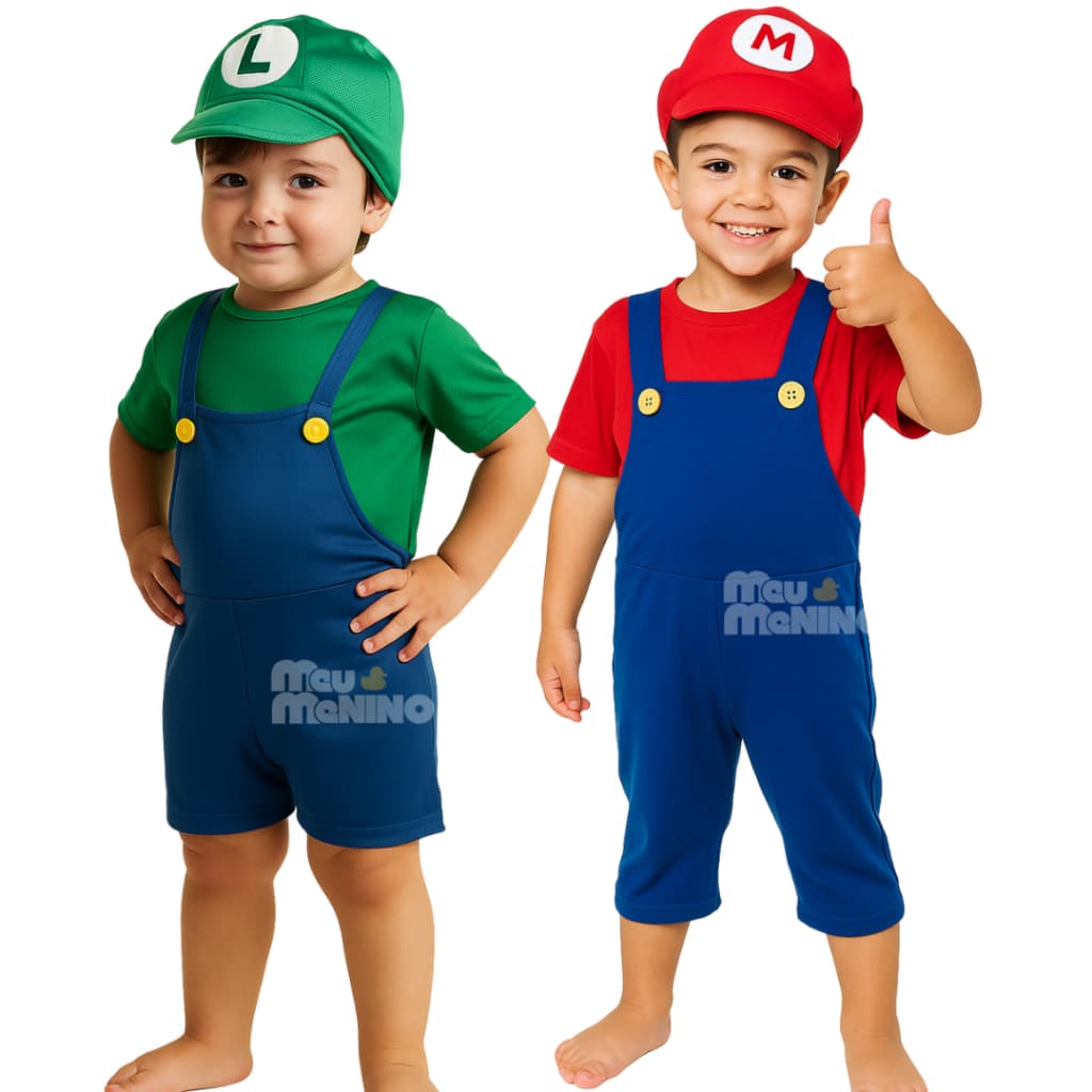 Fantasia Super Mario e Luigi Com Chapéu Vermelha Azul Macacão Carnaval