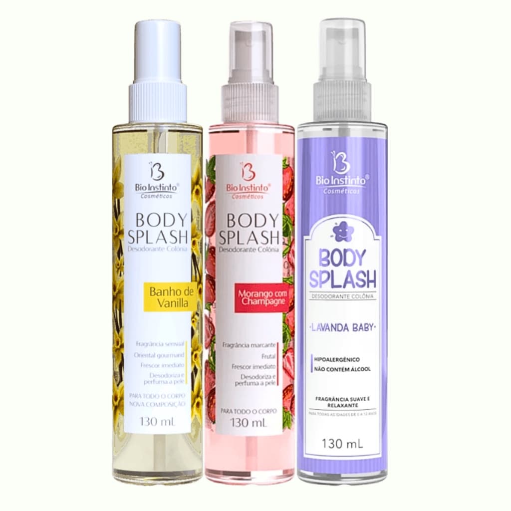 KIT 3 Body Splash Vanilla + Morango Champagne + Baby Lavanda - Desodorante Colônia 390 ml