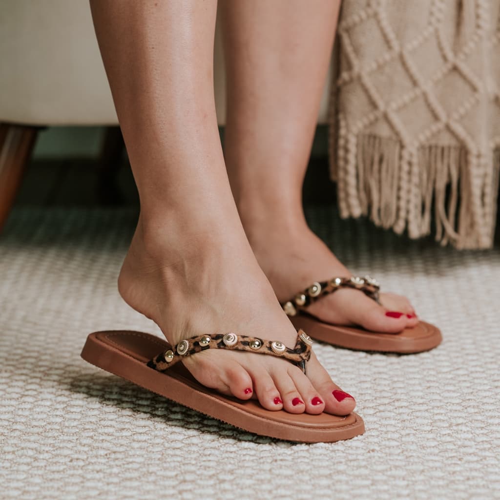 Sandália Rasteira Flatform Dedo Tiras Onça Moderno