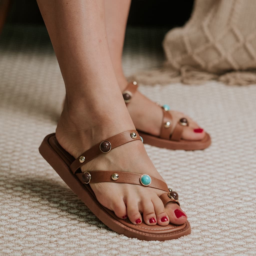 Sandália Flat Birken Papete Tiras Com Pedras Estilo Boho Casual Super Confortável