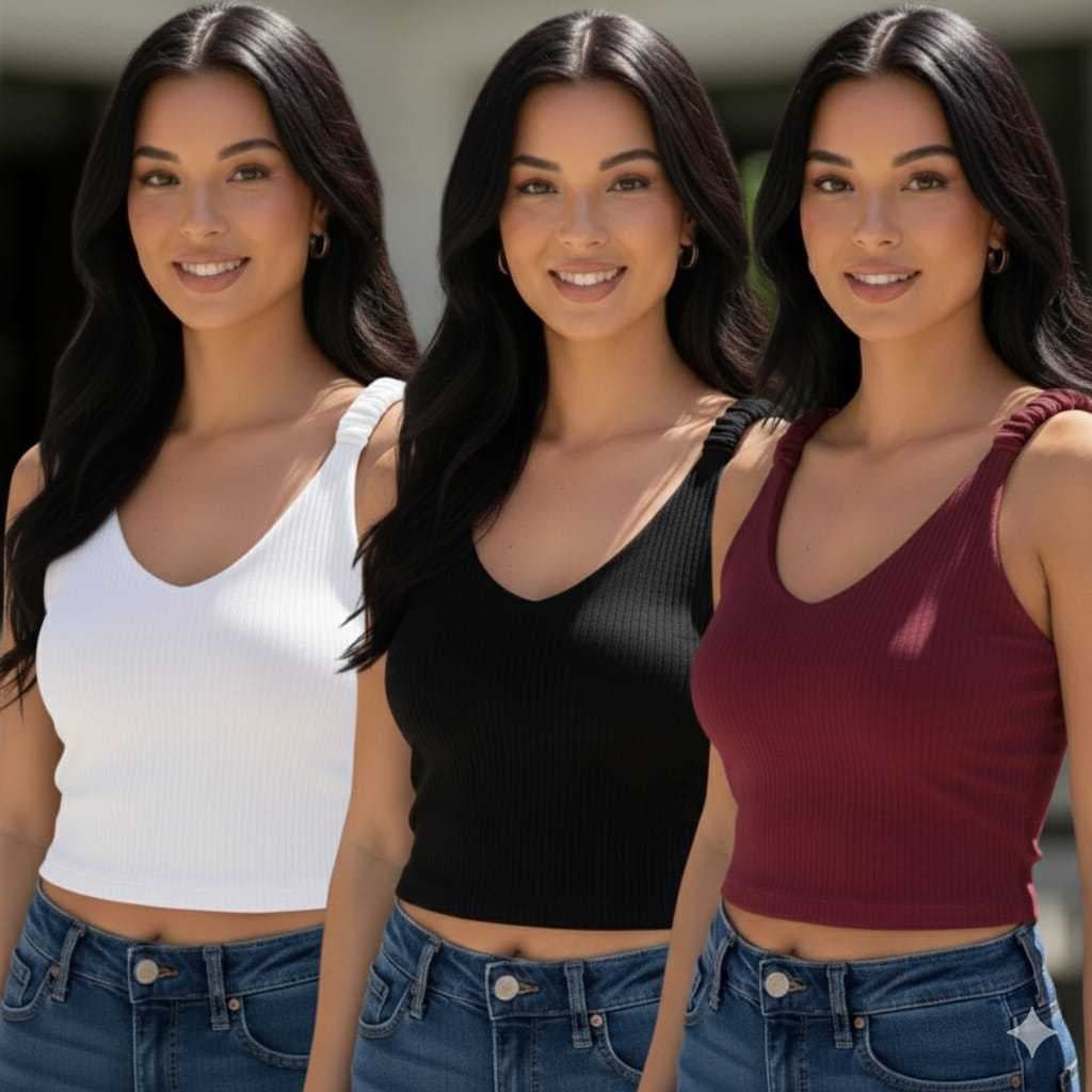 Kit 3 Cropped Blusinha Decote V Feminino Alça Com Elástico Franzido Sanfonada Elegante
