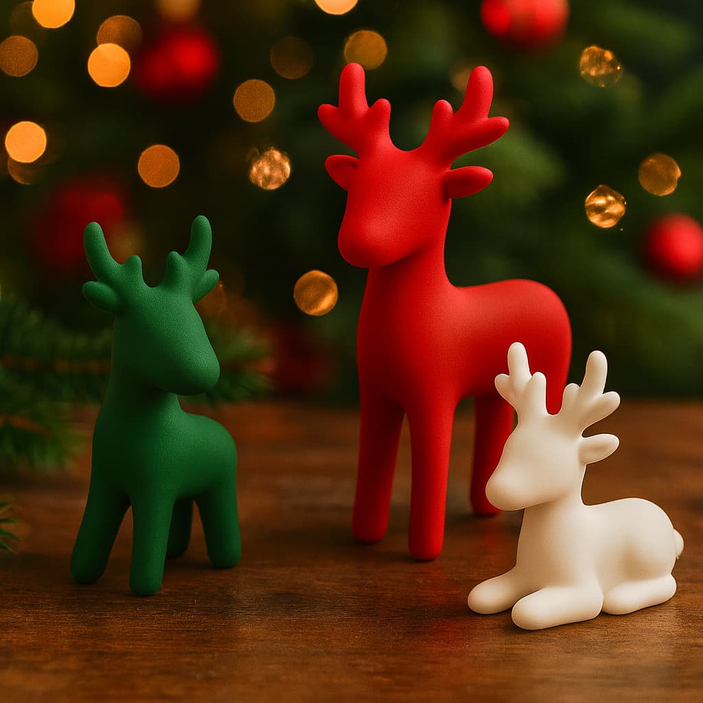 Kit 3 Enfeites Natalinos Rena com Trenó 3D – Verde, Branco e Vermelho | Decoração de Natal Moderna