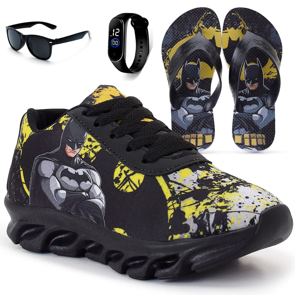 Kit Tênis Infantil Batman Menino Casual + Chinelo Infantil + Relógio Digital + Óculos