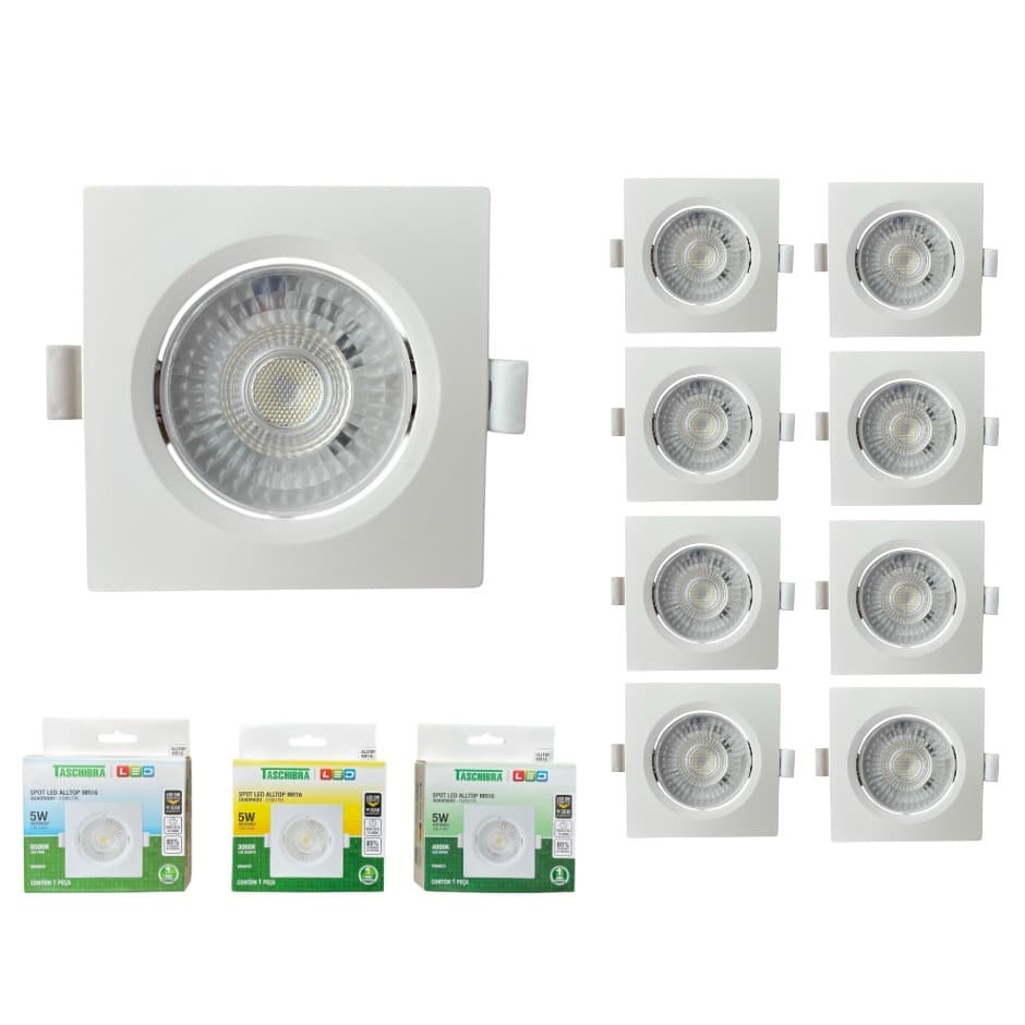 Kit 8 Spot LED MR16 5W Taschibra Embutir Quadrado Direcionável