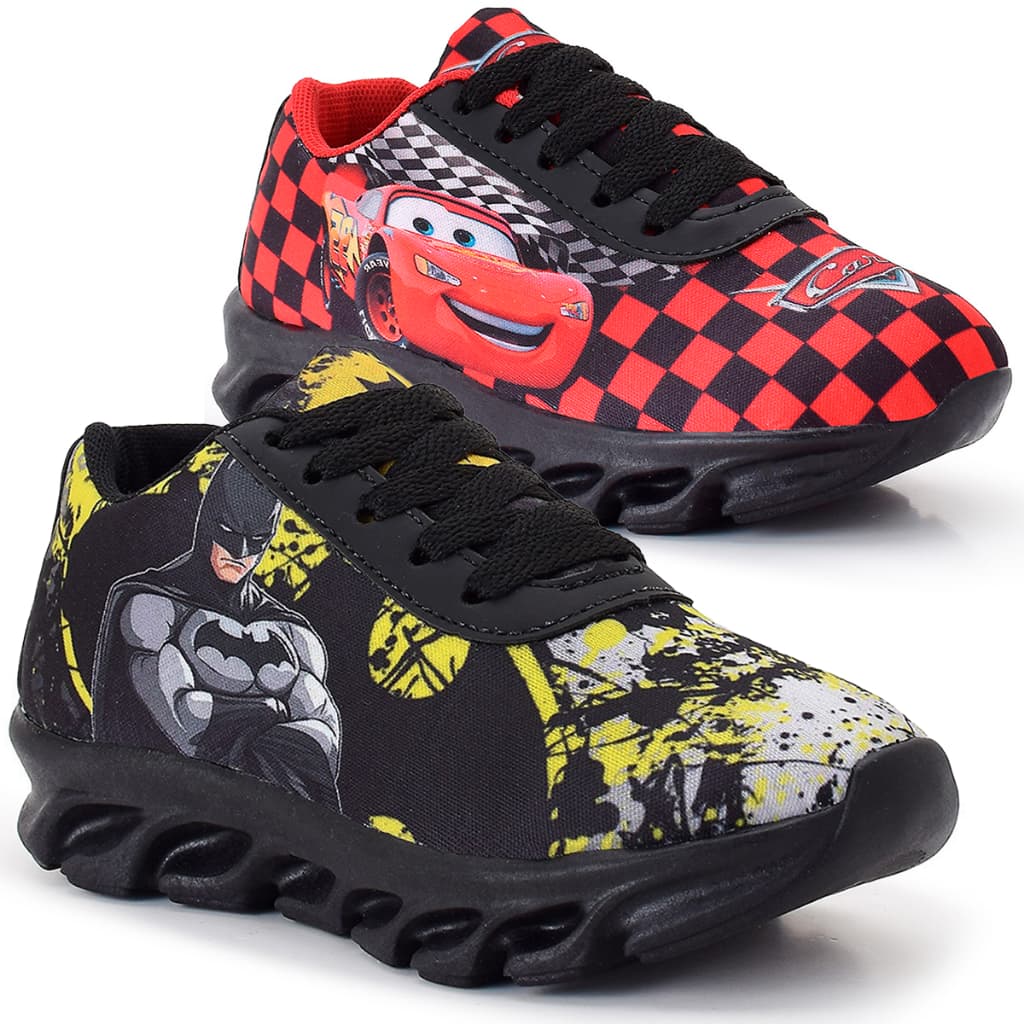 Kit 2 Tênis Infantil Menino Relâmpago McQueen e Batman Super Confortável Lançamento